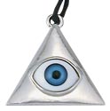 The Egyptian pyramid amulet - eye pendant is 1 and 1/2 inches in height and it comes with black cord. The colors of the eye vary slightly. Check out our other pendants we have available for sale.