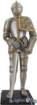 This dashing gallant knight figure clad in full armor with his mighty sword displays the artistry of medieval armor on your bookshelf or desk. Our Chevalier Gallant is a dashing example of a knighthood standing clad in full armor with mighty sword! Each exquisitely detailed knight is expertly cast in resin and boasts an antiqued pewter finish with hand detailed gold accents. 12-1/2” Tall.