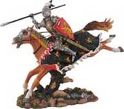 A gallant knight figure atop his steed, takes aim for the charge, ready with spear in hand for the 