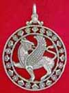 Griffin jewelry - Great Griffin a mighty creature from Greek Mythology which has the body of a lion and the wings and head of an eagle, takes a striking pose inside circular filigree framework. Sterling Silver. 1-5/16