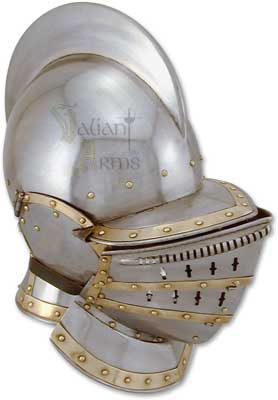 The medieval burgonet helmet was popular throughout England and Scotland during the 16th century afforded protection to the neck as well as the head and face and pairs beautifully with our Cuirass (Breastplate Armour).