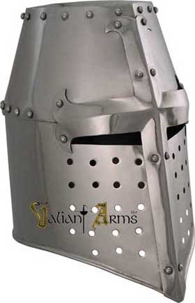 A prime early flat top battle crusader helmet prevalent in use during the early crusades. Full size & wearable. Skillfully handcrafted in 18 gauge steel.