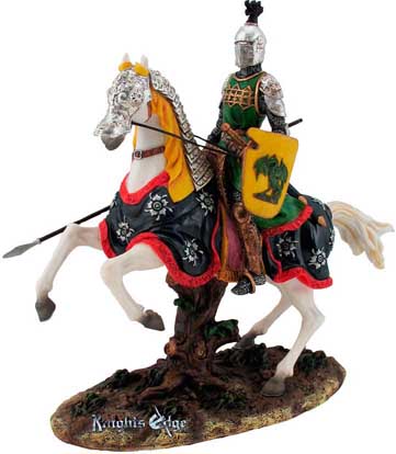 This noble white knight figure rides atop his white steed, aware and ready with spear in hand for whatever obstacles lay before him. Each "White Knight" is individually hand painted, and a fine example of medieval knighthood inspiring the chivalry and honor of earlier times.