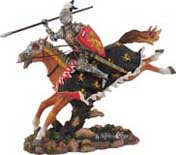 A gallant knight figure atop his steed, takes aim for the charge, ready with spear in hand for the "assault" to claim victory for right. Individually hand painted and finely detailed, this is a realistic portrait of Knighthood in action. 8-1/2" x 9"W.