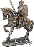 The medieval knights on horseback are crafted from lead free pewter. This knight adds the perfect decorating touch to your castle decor! Each exquisitely detailed knight stands with weapon. The knight on horseback pewter figurine stands 4" tall.