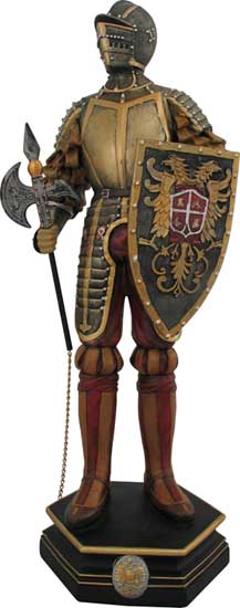 Our large golden knight figure is cast in cold resin and  detailed and painted by hand. The medieval knight figurine is 21 inches in height.