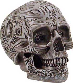 Our human head hunter Celtic skull is resin cast  and is expertly finished in authentic pewter tones. The skull features Celtic tribal designs.