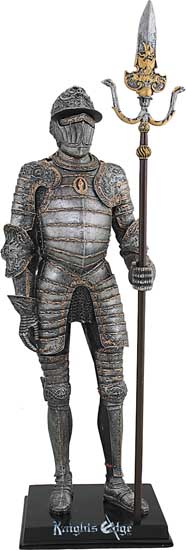 Italian "Milanese" knight figure in armour complete with polearm weapon. This medieval knight is expertly cast in resin. The figurine has antique pewter finish and is hand detailed with striking gold accents.