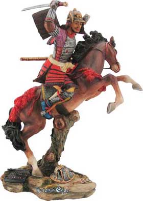 Samurai figurines - Early Samurai horsemen were very effective on the battlefield in front line defense in battle. Skilled in the use of swords, spears and archery these colorfully clad cavalrymen were unmatched in combat. Each great Samurai horsemen is finely detailed warrior, cast in resin and beautifully hand detailed in colorful vibrance. 9.5"H