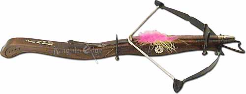 Stylish yet effective this is the perfect medieval European crossbow for a fearless maiden! Whether it be for its beauty or history you will want this medieval styled maidens crossbow for your collection. Each is built in Italy with functioning parts but is intended for decoration. Each comes complete with its own feathered arrow. 21-1/2"L x 15-3/4"W.