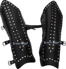 Our studded leather leg bracers offer calf front leg protection. The greaves are made of heavy leather and come with buckles for snug fit.