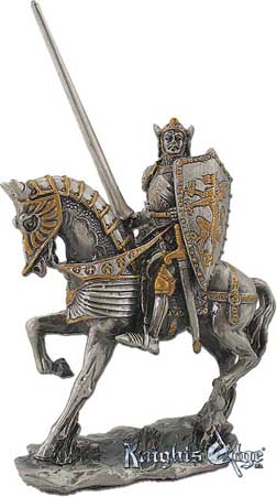 The medieval knights on horseback are crafted from lead free pewter. This knight adds the perfect decorating touch to your castle decor! Each exquisitely detailed knight stands with weapon. The knight on horseback pewter figurine stands 4" tall.
